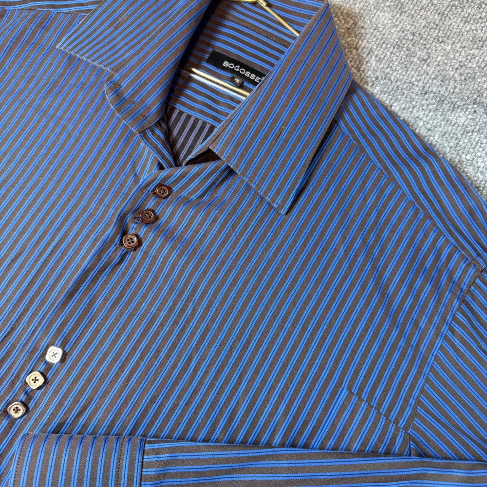 Bogosse Mens Blue Brown Striped Button Down Shirt Size 5 Long Sleeve Cotton